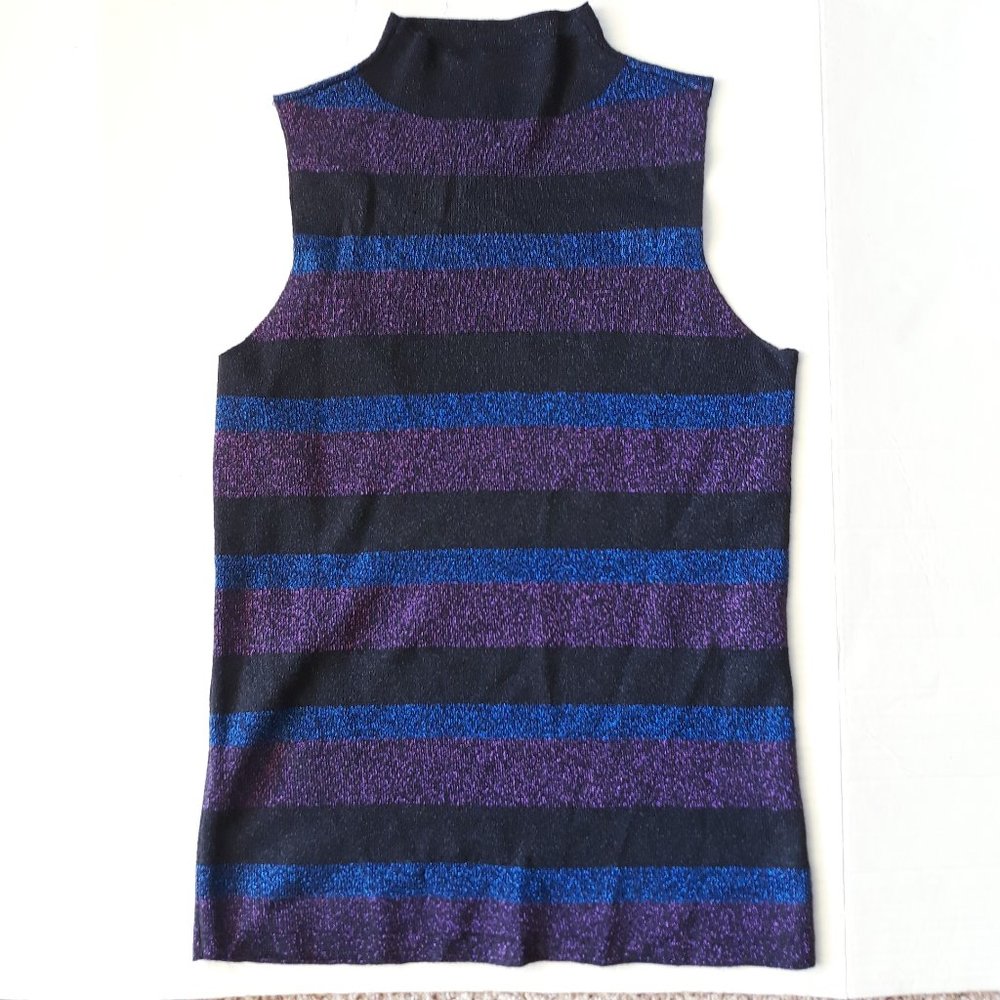 Nine West Metallic Black Blue Stripe Turtleneck XS